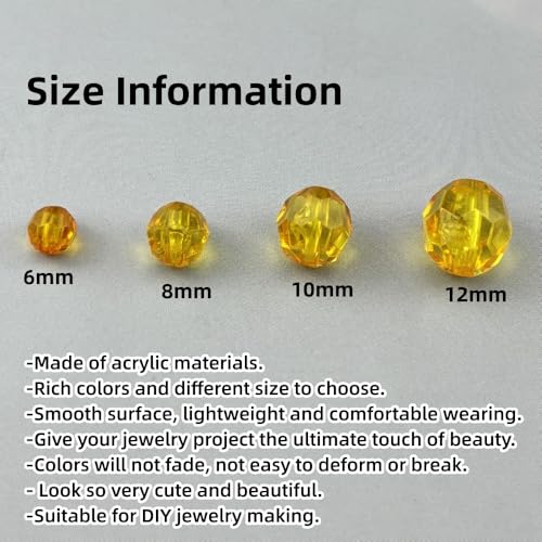 850pcs Acrylic Round Faceted Beads 6mm 8mm 10mm 12mm Faceted Round Spacer Beads for Bracelets Necklace Earring DIY Jewelry Making Craft(Gold Yellow) - color: Gold Yellow