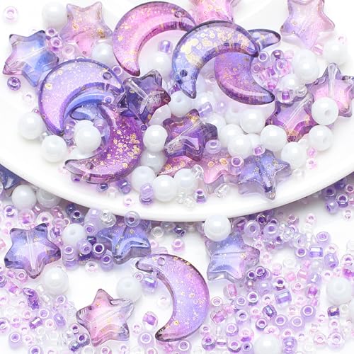 Mixed Star Moon Crystal Glass Beads Seedbeads Loose Round Pearl Beads for Jewelry Making Craft Bracelets Necklaces Earrings DIY Crafts Projects Purple Glass Spacer Bead Kits for Crafts - color: Purple