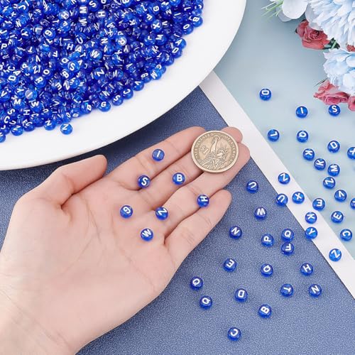 1000Pcs Letter Beads Transparent Acrylic Alphabet Beads Blue Flat Round Disc Letters Spacers White Alphabet Pattern Loose Spacer Charms for DIY Bracelet Jewelry Making 7x4mm - color: Blue