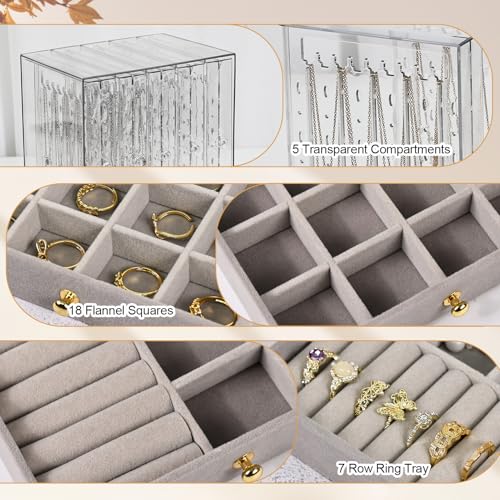 Greenfeather Jewelry Organizer with 7 Removable Drawers, Clear Acrylic Jewelry Box with 40 Necklace Hooks 120 Pairs of Earring Holes 2 Velvet-Lined Drawers for Rings Necklaces Earrings - color: Gray-Style A