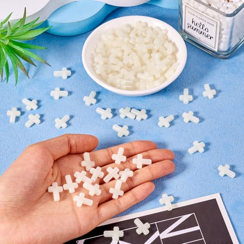 100Pcs Glow in the Dark Acrylic Cross Beads Crucifix Focal Beads White Cross Charms for Easter Pens Keychain Crafts DIY Jesus Bracelet Rosary Jewelry Making Supplies 16x12mm - color: Luminous Mint Cream