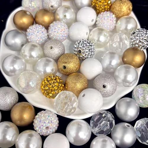 50PCS 20mm Bubblegum Beads，Multiple Styles Mixed Large Chunky Acrylic Beads for Jewelry Making，Round Chunky Bead for DIY Craft Pen Keychain Bracelets, Beadable Pen - color: colorful silver/white/gold