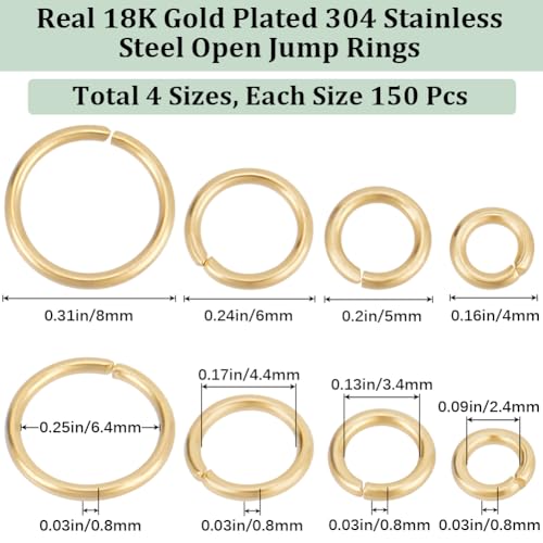 Beebeecraft 1 Box 600Pcs 4/5/6/8mm Open Jump Rings 18K Gold Plated Stainless Steel Single Loop Jump Ring Round Connector Rings for Bracelet Necklace Jewellery Making - color: Gold
