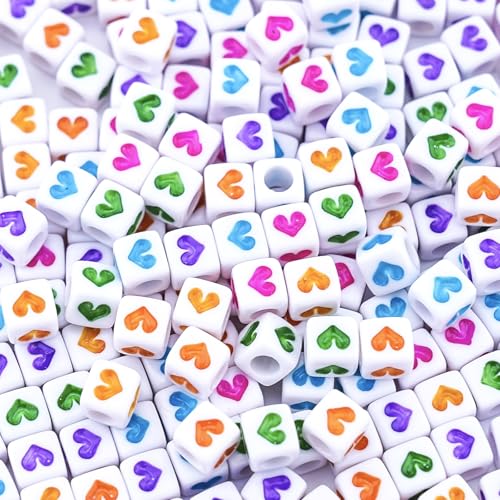 800Pcs Square Heart Beads, 6X6mm White and Colorful Heart Beads for Friendship Bracelets Making - color: Colorful Heart White Beads