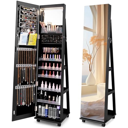 CHARMAID Jewelry Cabinet Armoire with Wheels, 64" Full Length Mirror with Jewelry Storage, 3-Color LED Lights, Adjustable Shelves, Lockable Standing Jewelry Organizer with Back Shelves (Black) - color: Black, size: 64"H