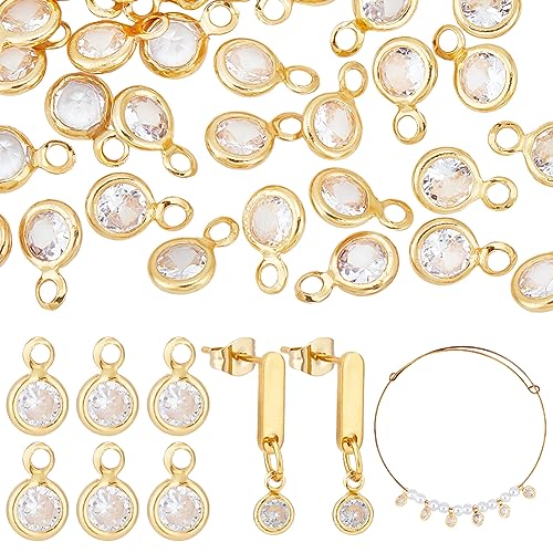 PH PandaHall 50pcs Cubic Zirconia Charms, 18K Gold Plated Round Crystal Charm Pendants Brass Crystal Pendants with Loops for Necklace Bracelet Dangle Earrings Jewelry Making DIY Crafts, 7.5x4.5mm