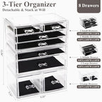 Sea Team 3-Layer Stackable Clear Makeup Organizer with Drawers, Acrylic Plastic Cosmetic Display Case, Jewelry Storage Box, Holder for Dresser, Bathroom, Vanity, Countertop (8 Drawers) - size: 3-Layer, 8 Drawers