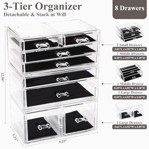 Sea Team 3-Layer Stackable Clear Makeup Organizer with Drawers, Acrylic Plastic Cosmetic Display Case, Jewelry Storage Box, Holder for Dresser, Bathroom, Vanity, Countertop (8 Drawers) - size: 3-Layer, 8 Drawers