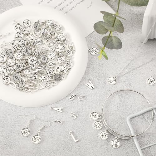 SANNIX 156Pcs/6 Sets Letter Charms, Alphabet ABC Letter Charms 3 Styles Capital A-Z DIY Bracelet Necklace Pendants with 200Pcs Open Jump Rings for Jewelry Making, Antique Silver - color: Silver