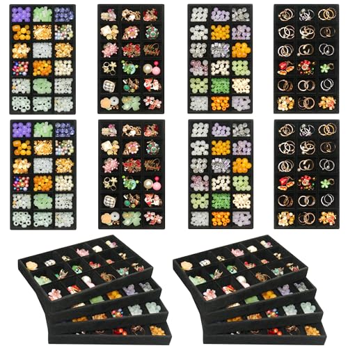 8 Pack Earring Organizer Holder Velvet Jewelry Tray for Drawer Stackable Jewelryy Organizer Divided Display Tray for Earring 144 Grids, Black - color: Black