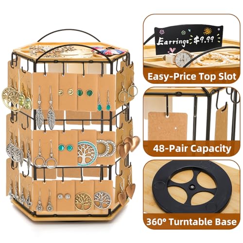 Rotating Earring Display Stand for Vendors, 48 Hooks Hexagon Bamboo Jewelry Holder, Large Capacity Jewelry Storage Showing Rack for Selling, Store, Home, Necklace Bracelet Keychain, 3 Tiers