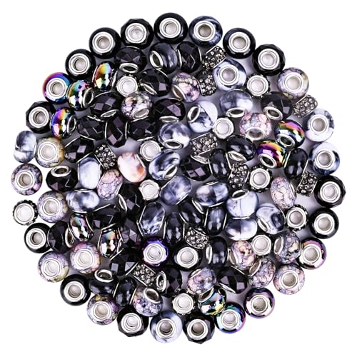 120pcs European Large Hole Beads, Assortments Charm Lampwork Murano Spacer Craft Beads for DIY Charms Bracelet Necklace Earring Jewelry Making Supplies(Black) - color: Black