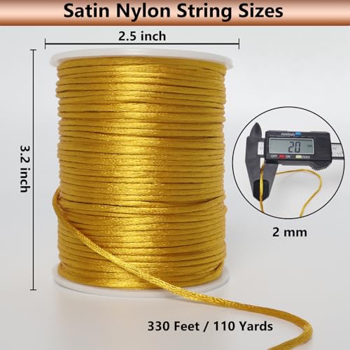 LUSTEMBER 2 mm x 330 Feet Satin Nylon Cord, Silky Smooth Nylon String for Jewelry Making Bracelet Necklaces Beading Thread Rattail Macrame Kumihimo Chinese Knot Craft - size: Gold
