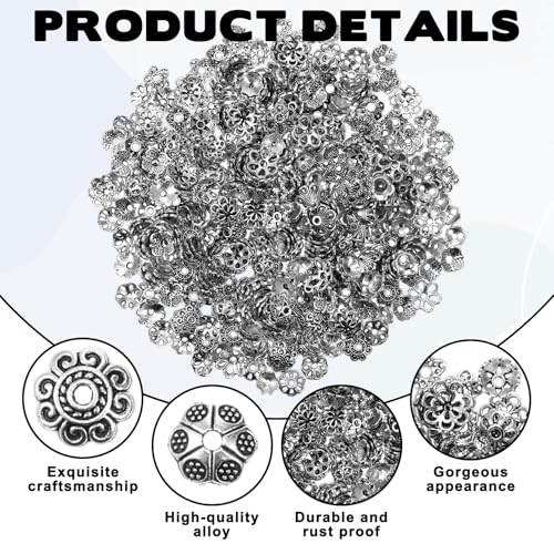 360 Pcs Flower Spacer Beads, 10 Styles Bead Caps Alloy Floral Metal End Cap Silver Vintage Spacers Jewelry Spacers for DIY Bracelet Necklace Earrings Jewelry Making