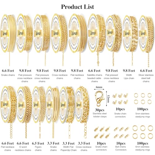 Wisreach Chains Jewelry Making Supplies Gold Chain for Making Jewelry, 111.5 Feet 15 Rolls for DIY Necklace Bracelet Findings with Jump Rings/Lobster Clasps/Connectors - color: Gold