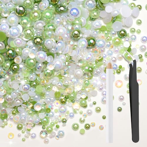 80g Mix Flatback Pearls and Rhinestones for Crafts Emerald Green Mixed Size 2mm-10mm Half Round Pearls Rhinestones for Nail Art Tumblers Shoes DIY Bedazzling with Tweezers Wax Pen - color: Emerald green