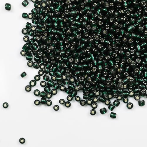 Transparent Dark Green with Silver Lined Beads Size 6/0 Crafts Glass Seed Beads 4mm for Jewelry Making (Total About 100g About 1200pcs) - color: Transparent Dark Green with Silver Lined, size: 4mm