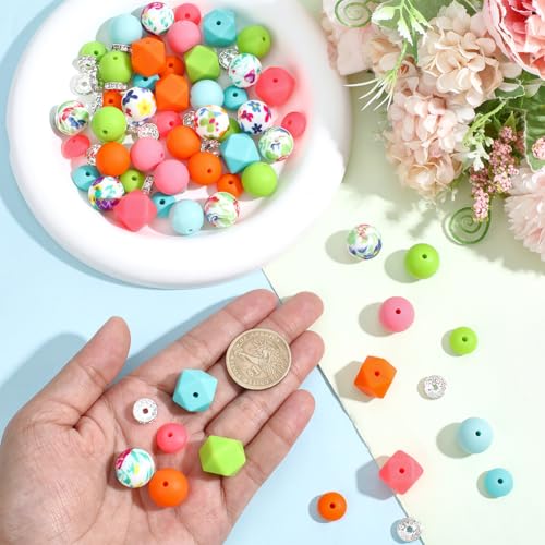 1 Box 97PCS Silicone Beads Kit Focal Round Hexagon Rondelle Rhinestone Assorted Pink Orange Green Spacer Loose Bead Charm Bulk for Jewelry Making Necklace Bracelet Keychain Diy Craft Supply