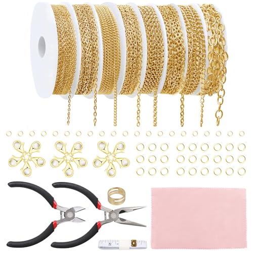 Fesorsi Gold Chain for Jewelry Making, 65ft 8 Style Steel Jewelry Chain, Electroplating Process, for DIY Necklace Chains, Tassel Pendants, with Jump Ring, Lobster Clasp, Pliers - color: Gold, size: 65ft 8Style