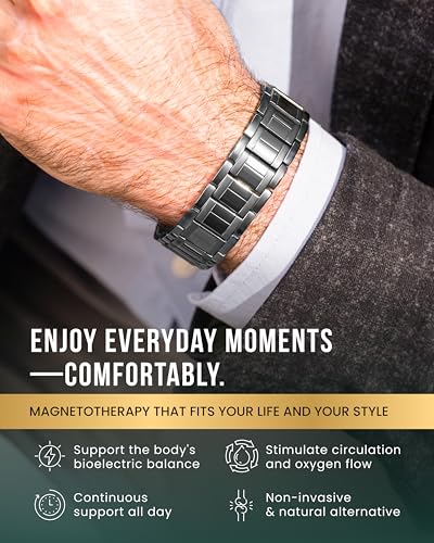 MagnetRX® 3X Strength Magnetic Bracelets for Men – Effective Magnetic Mens Titanium Bracelet – Premium Fold–over Clasp & Adjustable Length with Sizing Tool & Gift Box (Gunmetal) - color: Gunmetal (3X Strength)