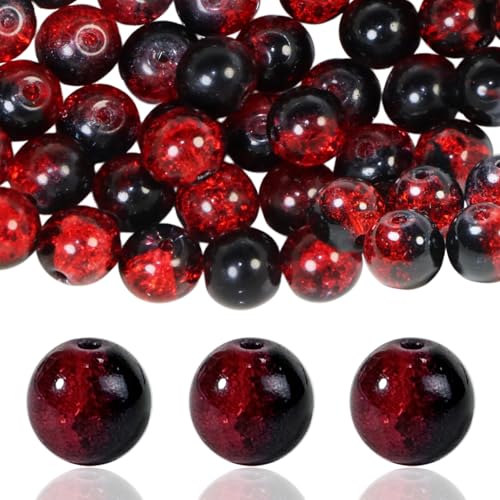 100Pcs 10mm Crackle Glass Beads for Jewelry Making - Round Spacer Crystal Beads Bulk, DIY Craft Supplies for Necklace Bracelet Earrings (Red Black) - color: Red Black