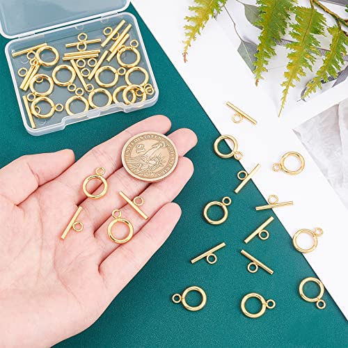UNICRAFTALE 20 Sets Golden Toggle Clasps & Tbar Clasps 304 Stainless Steel Ring Toggle Connectors for DIY Jewelry Making - size: Bar:18mm Long
