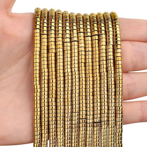 300pcs Natural Golden Hematite Heishi Spacer Beads 2x4mm Genuine Real Disc Stone Beading DIY Charm Smooth Loose Gemstone Beads for Jewelry Making Bracelets Necklaces Earrings Crafts - color: Golden Hematite