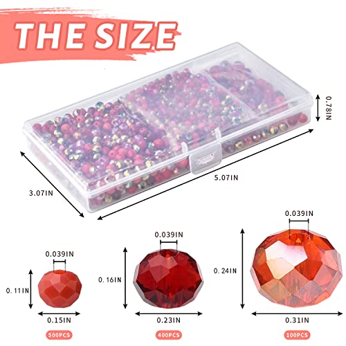 Briolette Faceted Rondelle Crystal Glass Beads for Jewelry Making-Wholesale Mix Lot 4/6/8mm DIY Crafts Spacer Beads with Container Box (Valentine's Day Gift) - color: Red