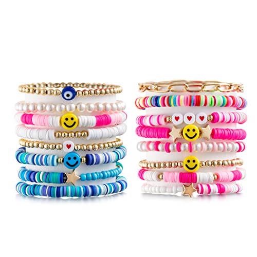 LieToi Preppy Heishi Bracelets Set Colorful White Gold Smile Heart Star Evil Eye Beaded Polymer Clay Pearl Stackable Charm Y2K Kidcore Summer Beach Bohemian Layering Bracelets Jewelry for Women Girls Teens - color: Multi