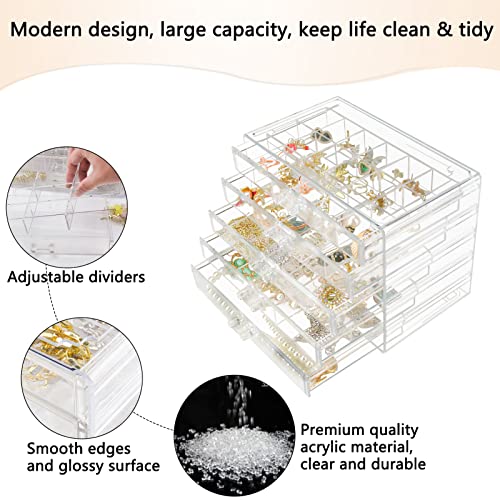 Weiai Clear Acrylic Jewelry Organizer, 90 Grids Adjustable Dividers Earrings Rings Storage Box - size: 5 Drawers