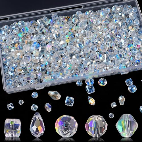 600 Pcs Crystal Glass Beads for Jewelry Making, Crystal Beads with Box, Assorted Bicone, Rondelle, Cube, Teardrop & Spacer Beads for DIY Crafts Bracelets, Necklaces, Earrings, 4/6/8mm, AB Color - color: AB