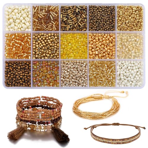 15 Color 4mm Small Assorted Glass Seed Beads,3mm Bugle Beads Friendship Bracelet Kit,2mm Tiny Tube Bead for Jewelry Making(Gold) - color: Gold