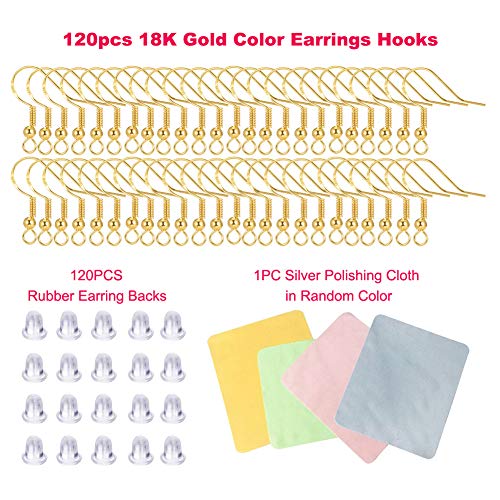 Hypoallergenic Gold Earring Hooks - 120 pcs/60 Pairs 18k Gold Nickel Free Ear Wires Fish Hooks for Jewelry Making, Jewelry findings Parts with 120 pcs Rubber Earring Backs Stopper for DIY Earrings - color: Regular 18K Gold 1