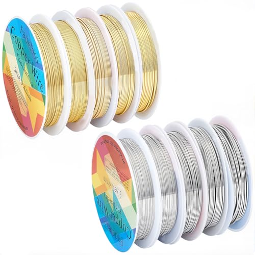 Beebeecraft 206FT 10 Rolls Copper Craft Wire Jewelry Wire Roll 18/20/22/24/26 Gauge Silver Gold Round Electroculture Gardening Artwork Metal Cords for Beading Plants Crafts Projects Jewelry DIY Making