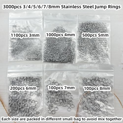 3000pcs 3mm 4mm 5mm 6mm 7mm 8mm Stainless Steel Jump Rings Connector O Rings Accessories for Bracelet Necklace Earrings Lanyard Keychain DIY Craft Jewelry Making Supplies - size: 3/4/5/6/7/8mm