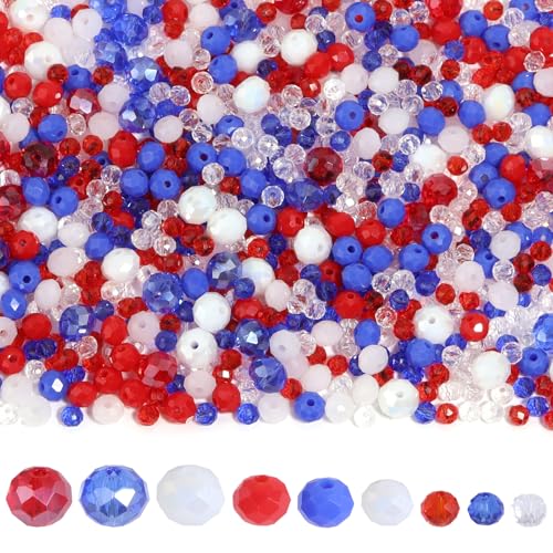 900PCS 4/6/8 mm Assorted Faceted Crystal Glass Beads Set with Fixed Quantity for Each Color for Bracelets Necklaces Earrings Cell Phone Chains Women Jewelry Making,Red-Blue-White - color: Red-Blue-White
