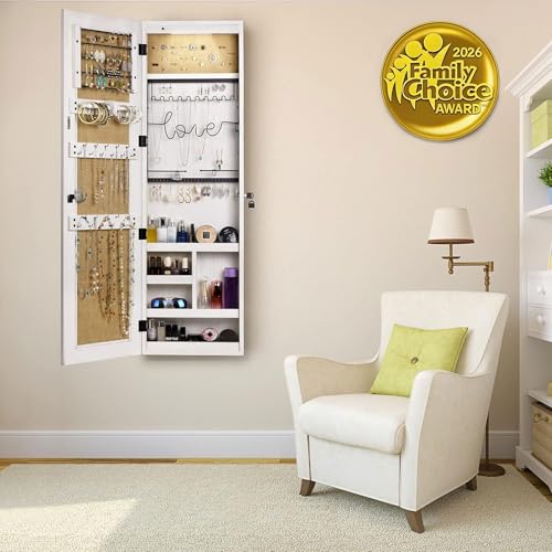 SRIWATANA Jewelry Armoire Cabinet, Solid Wood Jewelry Organizer with Full Length Mirror Wall/Door Mounted(Washed White) - color: Washed White