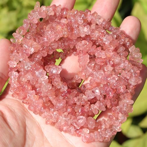 400pcs Natural Chip Stone Beads for Jewelry Making Strawberry Quartz 5-8mm Irregular Gemstones Healing Crystal Loose Rocks Bead Hole Drilled for Ring Earrings Necklace Bracelet Making DIY Art Crafts - color: Strawberry Quartz(2 Strands-62")