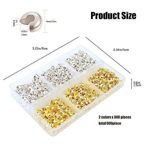 600 Pieces Crimp Bead Covers 4mm Open Half Round Crimp Bead Knot Cover Small Beads for Jewelry Craft Making - color: Gold & Silver