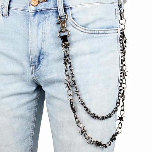 Layered Punk Pants Chain for Men Women, Gothic Hip Hop Jean Chain Wallet Chain Biker Trouser Chain, Goth Emo Fashion Keychain Accessories - color: 2L-Black Barbed