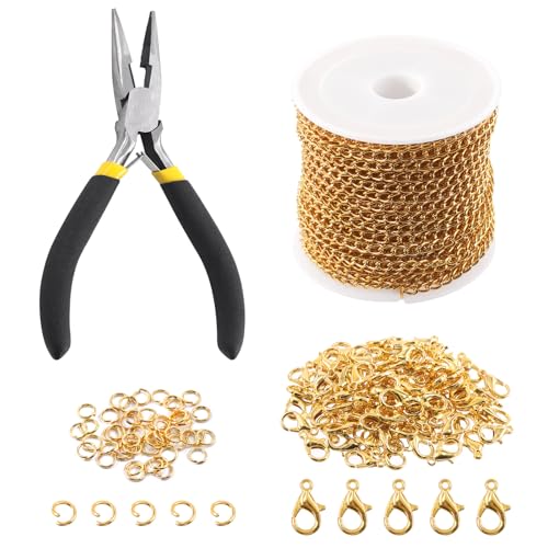 Keadic 102Pcs 30 Feet Jewelry Making Chains Kit W 3mm Metal Necklace Twisted Links Chain, Lobster Clasps, Open Jump Rings and Jewelry Pliers for Bracelet Earring Anklet DIY (Gold) - color: Gold