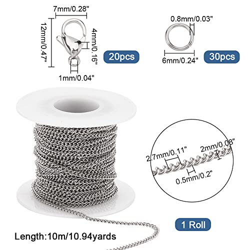 PH PandaHall 33 Feet 304 Stainless Steel Curb Cable Chain 2mm Link Necklace Chain with 20pcs Lobster Claw Clasps and 30pcs 6mm Open Jump Rings for Bracelets Necklaces Jewelry DIY Crafts Making