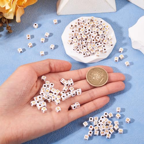 FASHEWELRY 500Pcs White Golden Letter Beads 4.5mm Square Alphabet Beads Acrylic Cube Letter M Beads for Friendship Bracelet Necklace Keychains Jewelry Making - color: Letter M