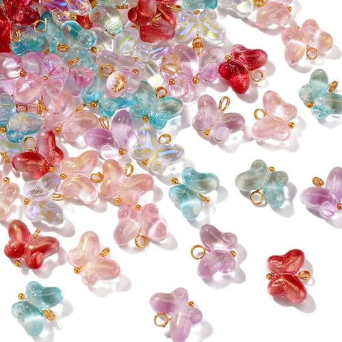 Ipotkitt 100 Pcs 5 Colors Baking Paint Glass Butterfly Charms with Glitter Powder Colorful Crystal Animal Charms for Earrings Bracelets Necklace DIY Craft Jewelry Making - color: 100pcs-Butterfly Charms-12x14x5.5mm