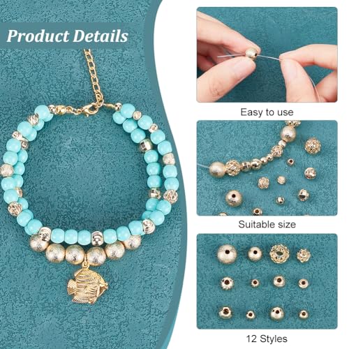 PH PandaHall 120pcs 14K Gold Spacer Beads 4/5/6/8mm Beads Brass Round Beads Metal Loose Beads Long-Lasting Spacers for Clay Bead Summer Bikini Beach Layered Stackable Necklace Bracelet Jewelry Making