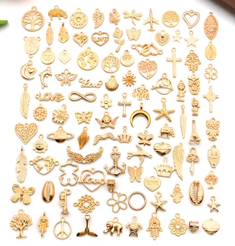 100 Pieces Jewelry Making Charms Pendants for Bracelet Bulk lot Necklace Earrings Keychain Charms Beads DIY Kit Trendy Craft - style: Gold Heart Butterfly