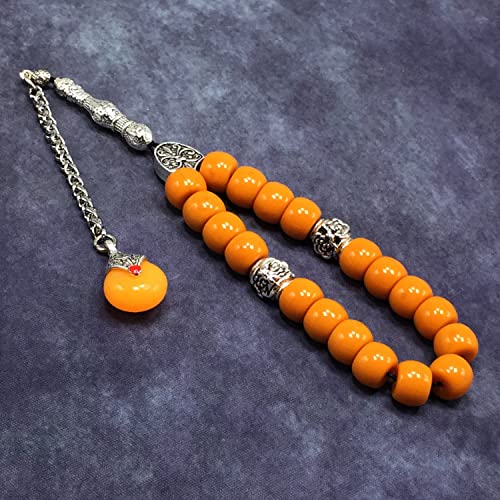 Simple Designed Natural Stone Worry Beads - Prayer Beads Tesbih-Tasbih-Tasbeeh-Misbaha-Subha-Sebha-Sibha-Rosary (Dark Orange Resin Drum -13X9 mm- 19 Big Beads) - color: Dark Orange Resin Drum -13X9 mm- 19 Big Beads
