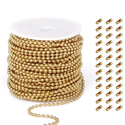50FT 18K Gold PVD Plated Ball Bead Chains Roll, 2.4mm Gold Stainless Steel Ball Beaded Chains Spool with 30 PCS Connectors Bulk for Jewelry Making - color: gold pvd, size: 2.4mm