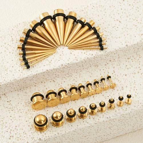 Longbeauty 14G-00G 36pcs Ear Gauges Stretching Kit Surgical Steel Tapers for Ears Gauge Starter Kits Single Flat Top Gauges Plugs for Women Men - color: Gold