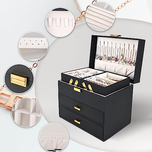 Dajasan Jewelry Organizer Box, Large Jewelry Boxes for Women Girls, Space-Saving 4 Layers Jewelry Storage Case with Drawer, Movable Metal Stand, Modern, Gift Idea (Black + Gold) - color: Black + Gold